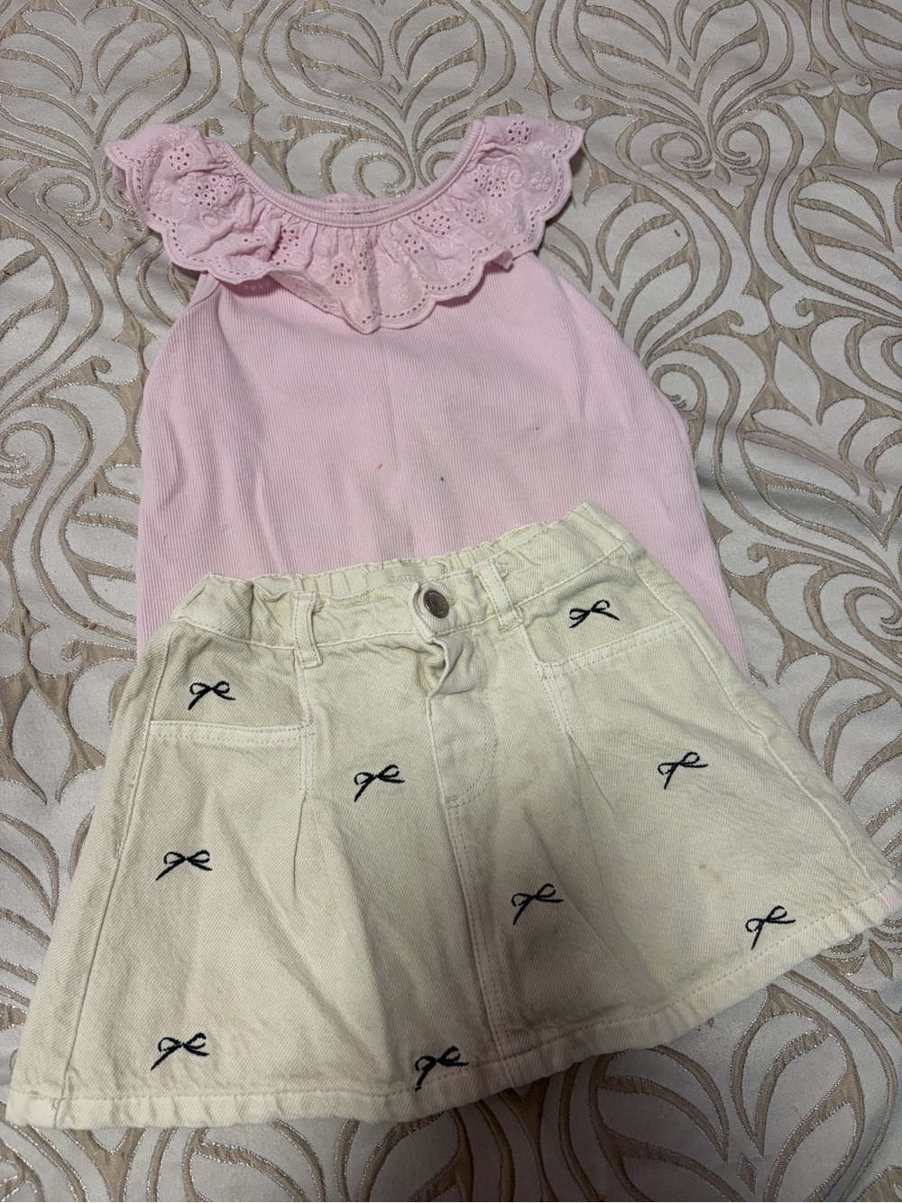 Zara Pink Ruffle Tank with Cream Bow-Embroidered Skirt